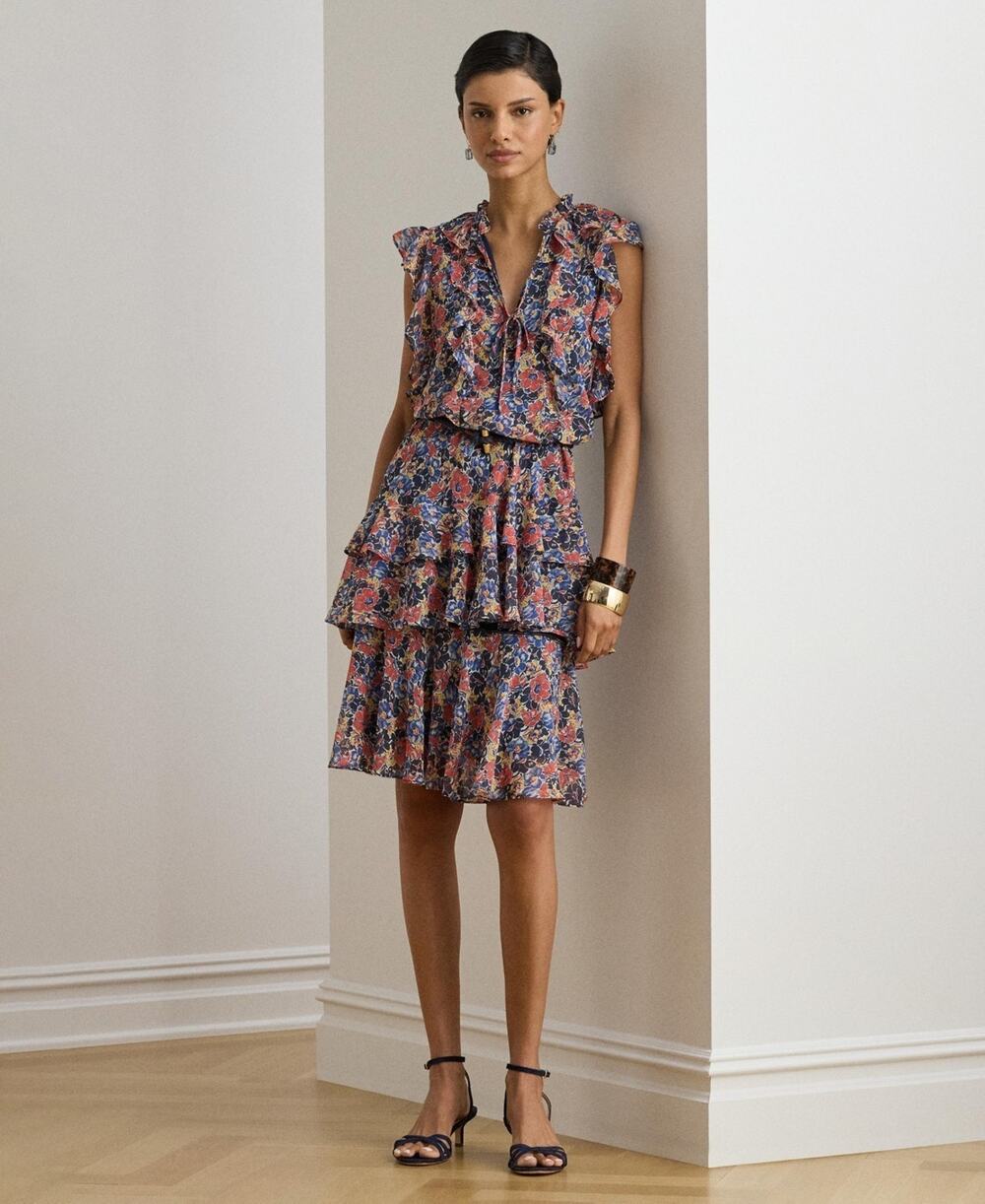 Lauren Ralph Lauren Women's Floral Ruffle Trim Split Neck Dress Size 14 3957